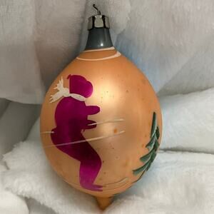 Vintage Handblown Mercury Glass "Skier" Hand Painted Tear Drop Ornament POLAND